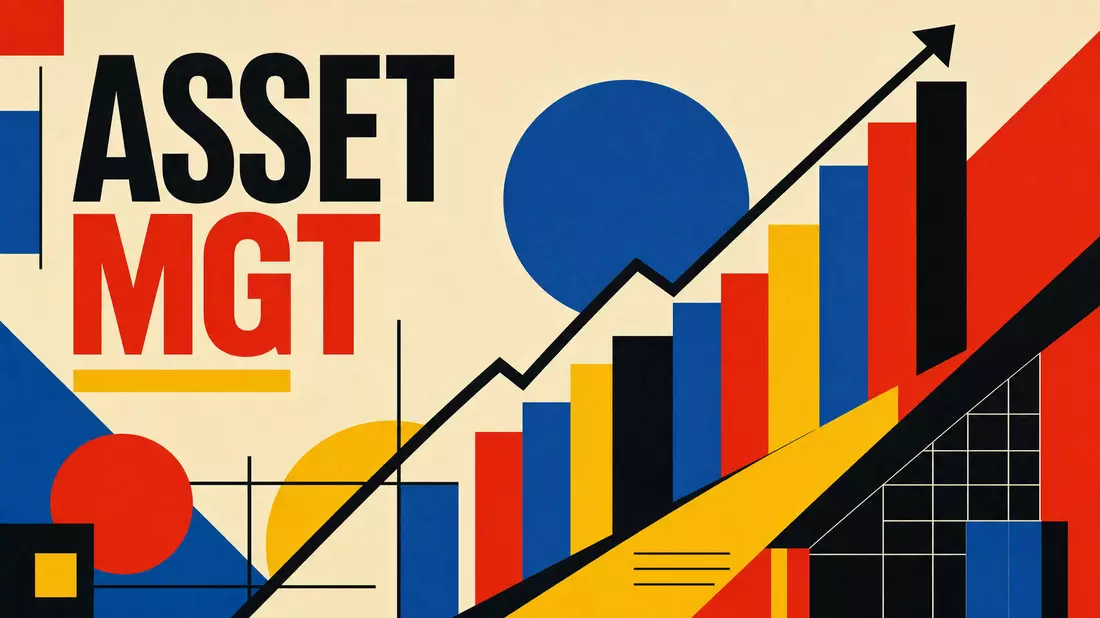 Bauhaus-Poster für Invesco Ltd. Vermögensverwaltung mit geometrischen Formen und ASSET MGT Text