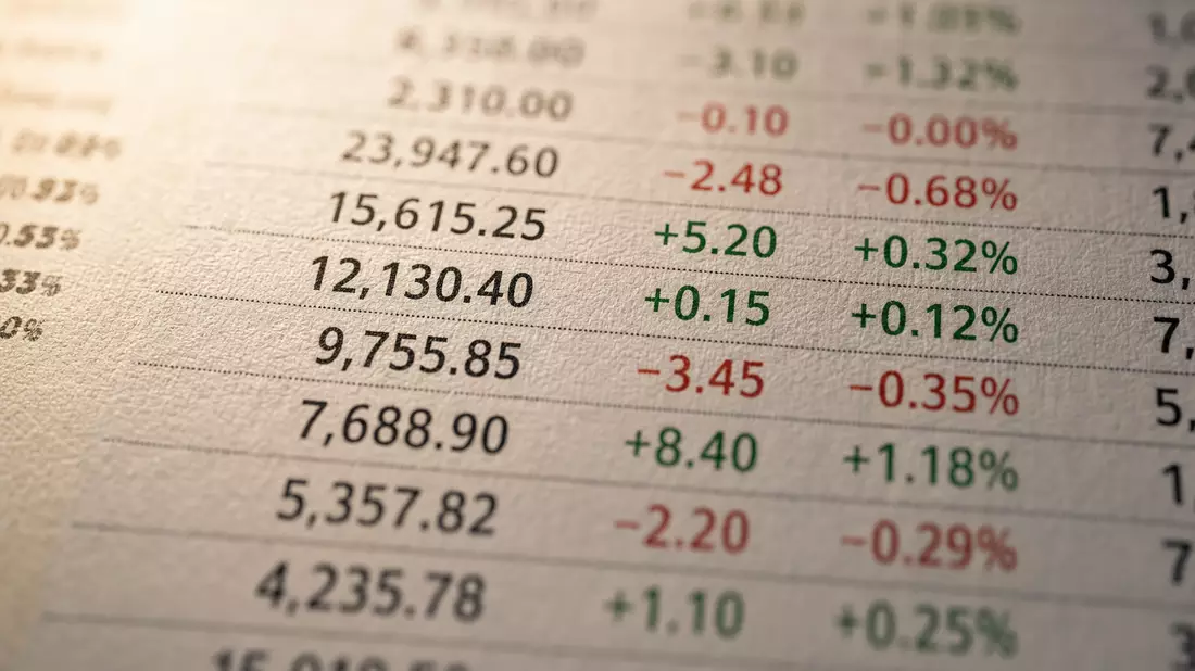 Extreme Makro-Aufnahme gedruckter Finanzdaten auf Papier für Invesco Ltd. Portfolioanalyse