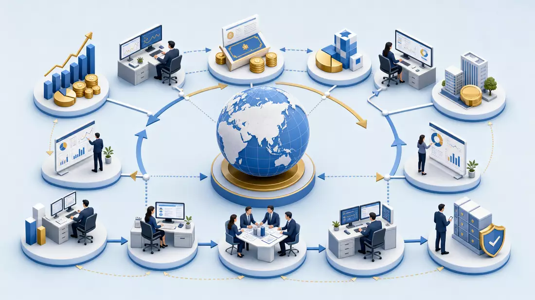 Isometrische 3D-Illustration der globalen Asset-Management-Wertschöpfungskette von Invesco Ltd