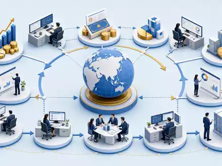 Invesco Ltd. globale Asset-Management-Wertschöpfungskette isometrisch in Blau und Gold illustriert, ISIN BMG491BT1088 Prozessdiagramm - Foto: THN