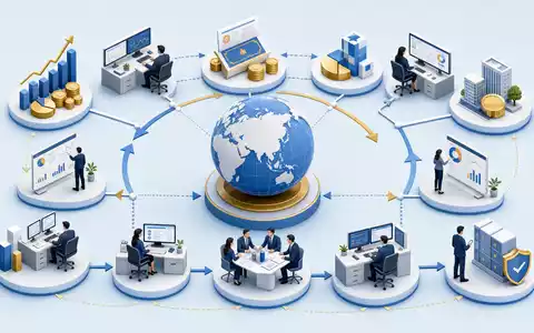Invesco Ltd. globale Asset-Management-Wertschöpfungskette isometrisch in Blau und Gold illustriert, ISIN BMG491BT1088 Prozessdiagramm - Foto: THN