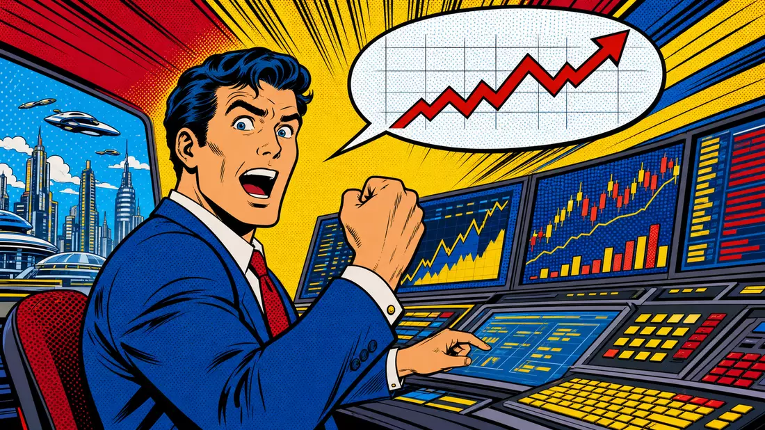 Pop-Art-Comic-Illustration eines Invesco Ltd. Finanzanalysten mit steigendem Kurschart