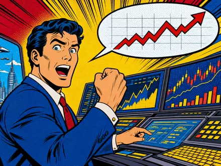 Invesco Ltd. Finanzanalyst im Pop-Art-Comic-Stil mit steigendem Kurs jubilierend, ISIN BMG491BT1088 Handelsszene - Foto: THN