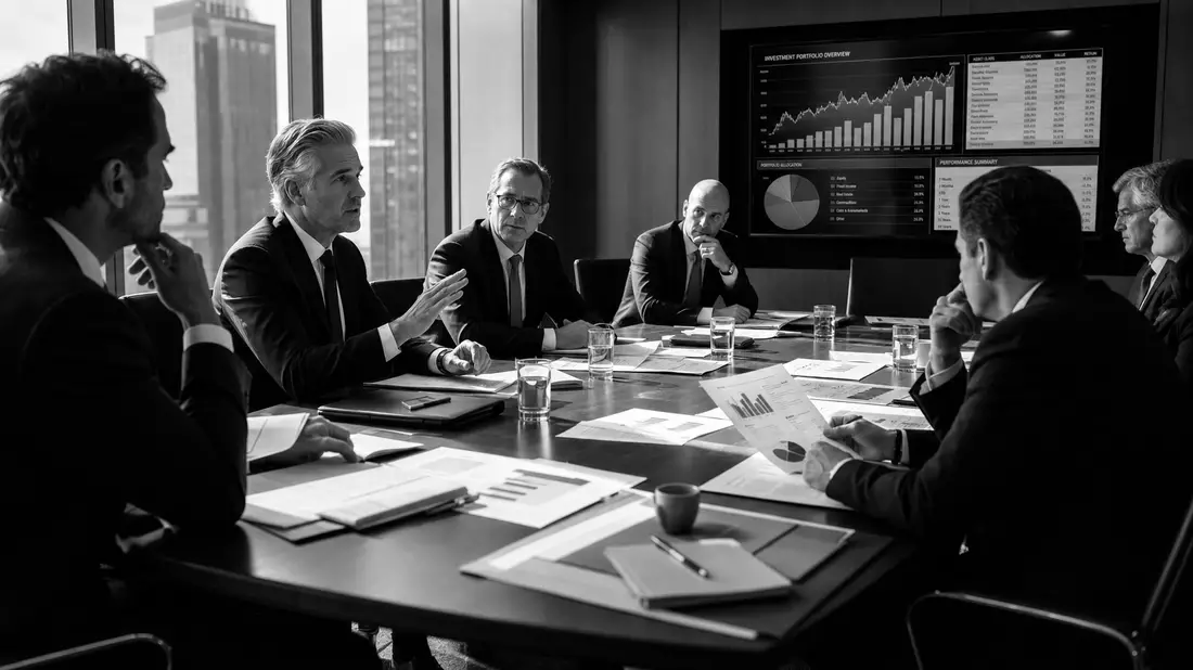 Schwarzweiß-Aufnahme einer Vorstandssitzung mit Investmentportfolio-Charts im Hintergrund