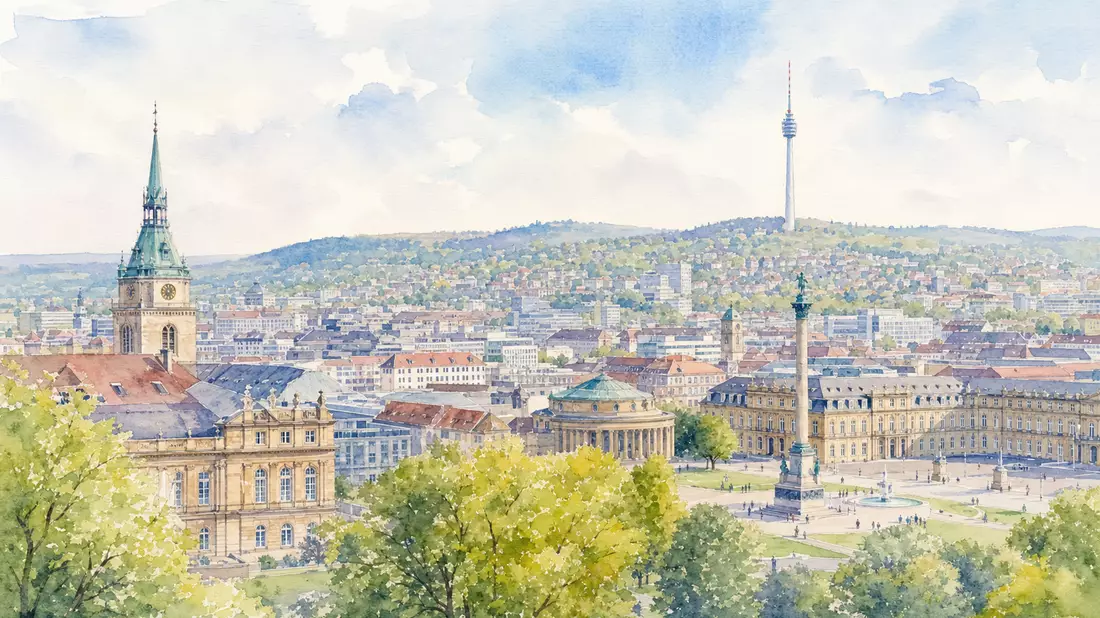 Aquarellmalerei der Stuttgarter Innenstadt mit Hügeln und Fernsehturm im Hintergrund
