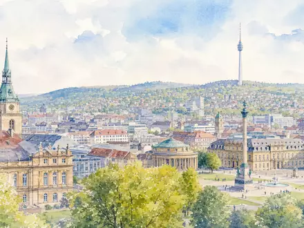 Porsche Automobil Holding DE000PAH0038 wird durch ein Aquarellbild der Stadt Stuttgart mit Fernsehturm symbolisiert - Foto: THN