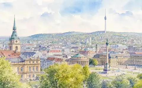 Porsche Automobil Holding DE000PAH0038 wird durch ein Aquarellbild der Stadt Stuttgart mit Fernsehturm symbolisiert - Foto: THN