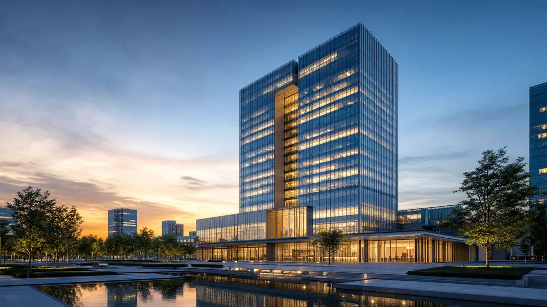 Architektonische 3D-Visualisierung eines gläsernen Bürohochhauses bei Dämmerung mit Spiegelbecken