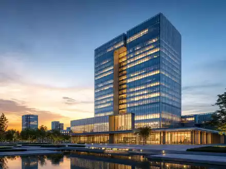 Porsche Automobil Holding DE000PAH0038 präsentiert ein Architektur-Render eines modernen Hochhaus-Sitzes bei Abenddämmerung - Foto: THN