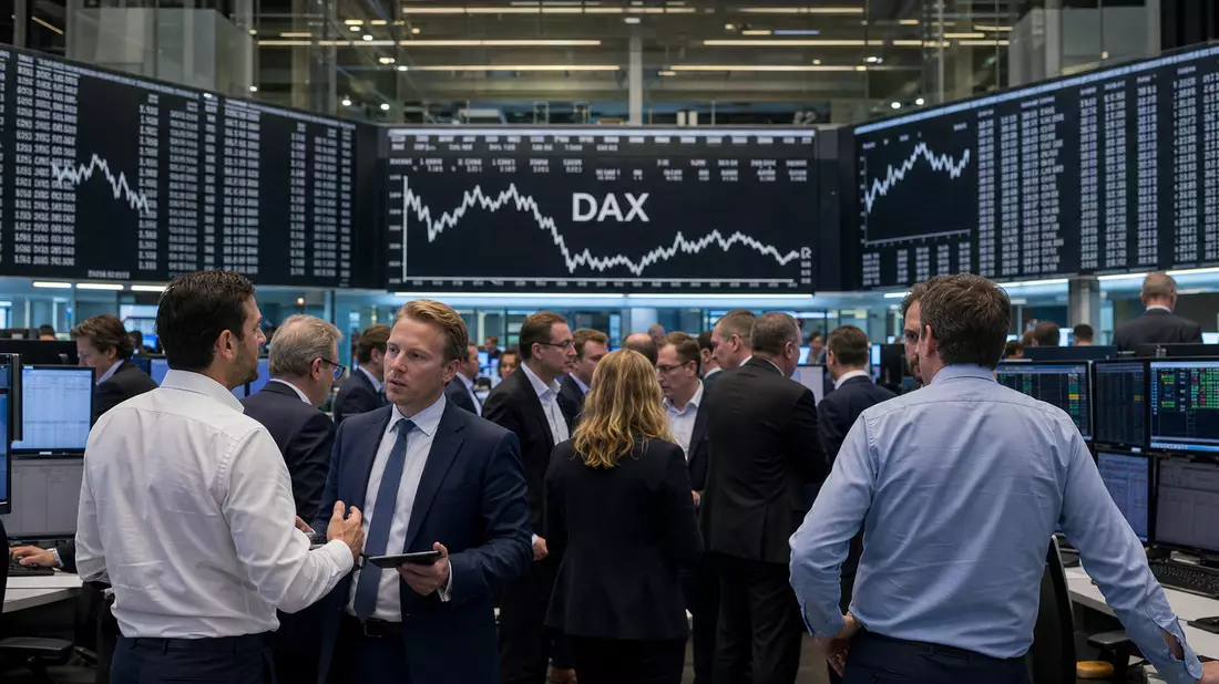 Trading-Floor der Frankfurter Börse mit Analysten und großen Kurstafeln im DAX-Index