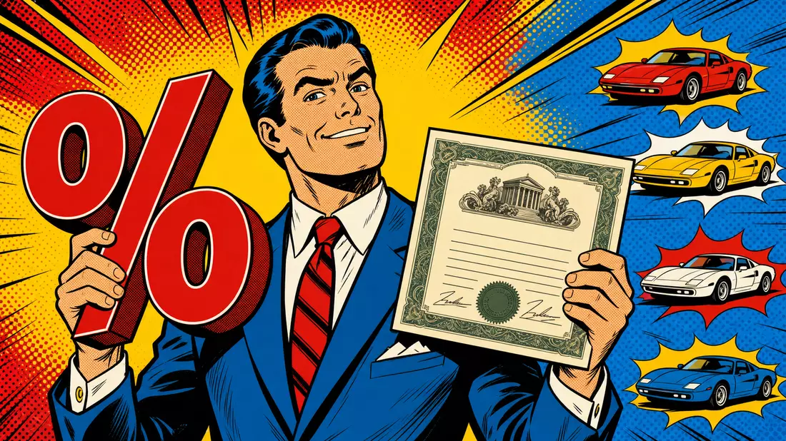 Pop-Art-Comic mit Geschäftsmann, Aktienzertifikat und stilisierten farbigen Sportwagen-Icons