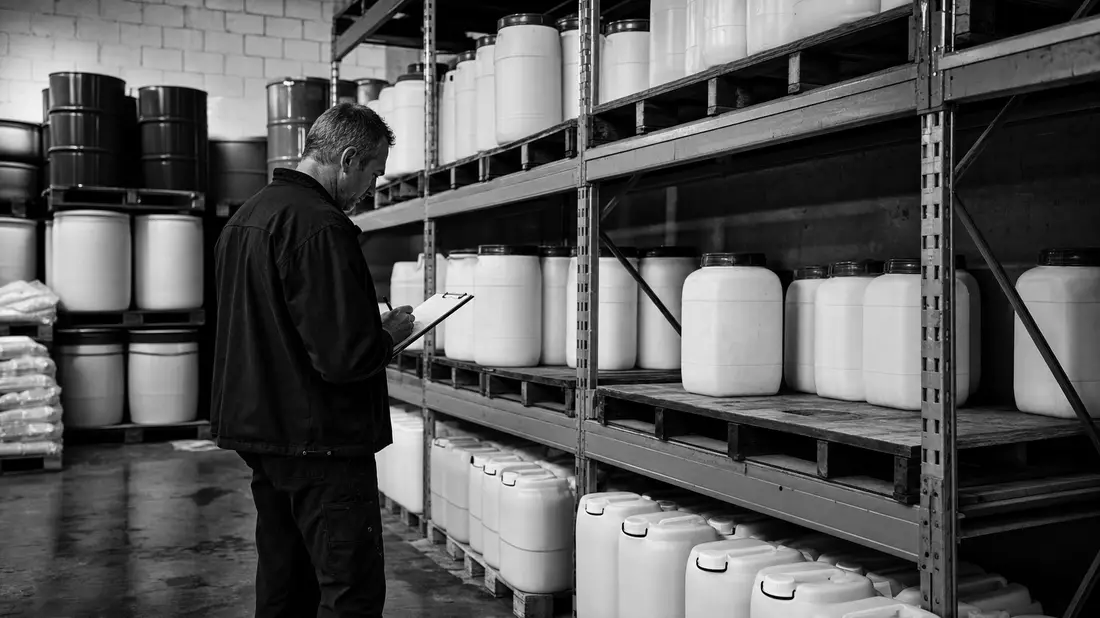 Schwarzweiß-Reportagefoto eines Mitarbeiters bei der Inspektion von Chemikalienbehältern