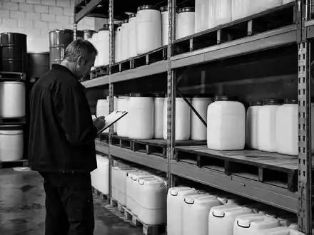 Pool Corporation US73278L1052 dokumentiert schwarzweiße Reportage-Aufnahme eines Lagers mit Poolchemikalien-Behältern und Mitarbeiter-Inspektion - Foto: THN