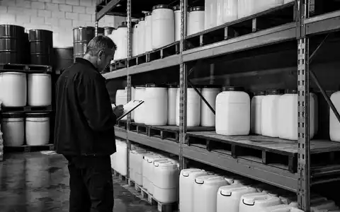Pool Corporation US73278L1052 dokumentiert schwarzweiße Reportage-Aufnahme eines Lagers mit Poolchemikalien-Behältern und Mitarbeiter-Inspektion - Foto: THN