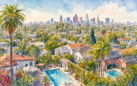 Pool Corporation US73278L1052 illustriert Aquarellmalerei einer sonnigen Vorstadt mit Palmen, Privatpools und Stadtsilhouette im Hintergrund - Foto: THN