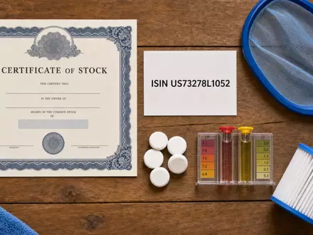 Pool Corporation US73278L1052 zeigt Flatlay-Arrangement mit Aktienzertifikat, ISIN-Karte, Poolkescher, Chlortabletten und Testkit-Utensilien - Foto: THN