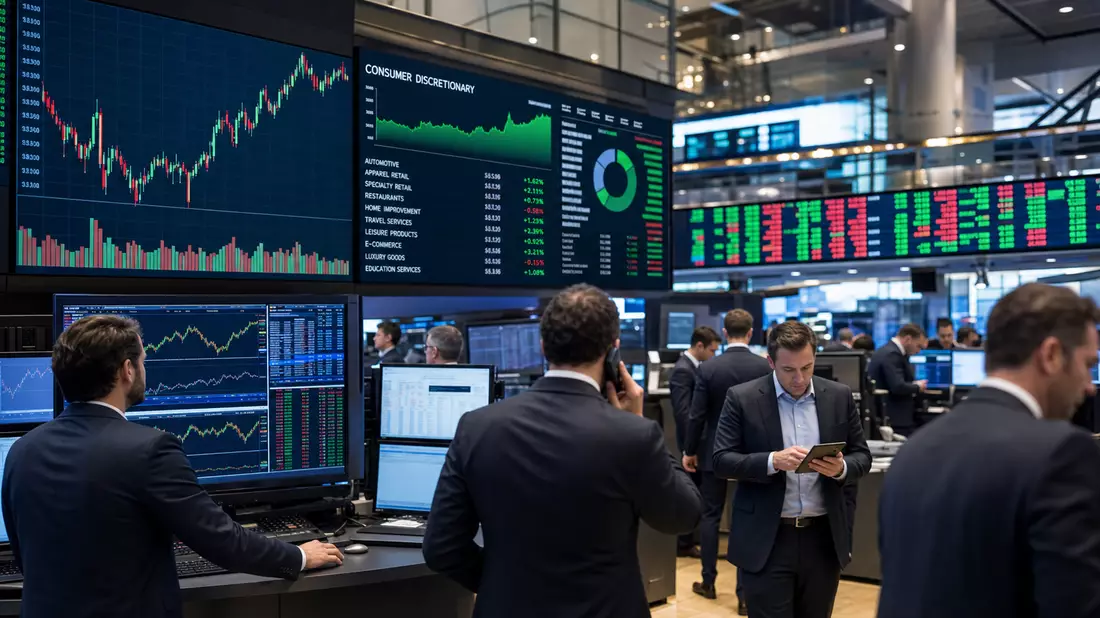 Trading-Floor mit Bildschirmen, Kursdiagrammen und Sektor-Kennzahlen im Hintergrund