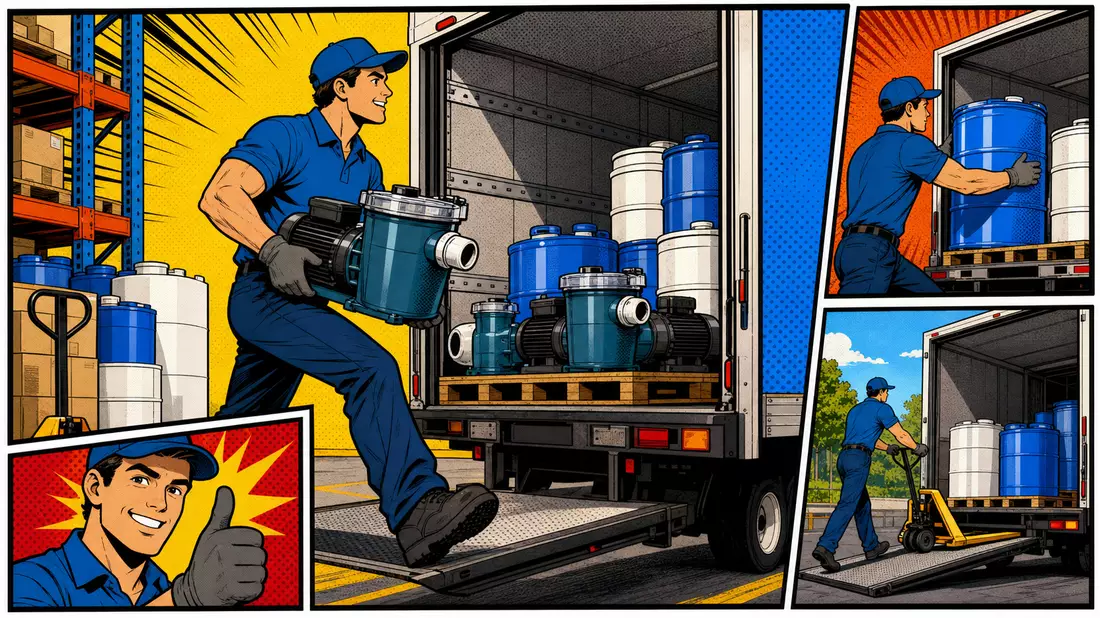Pop-Art-Comic mit Lagerarbeiter beim Verladen von Pool-Pumpen auf Lieferwagen