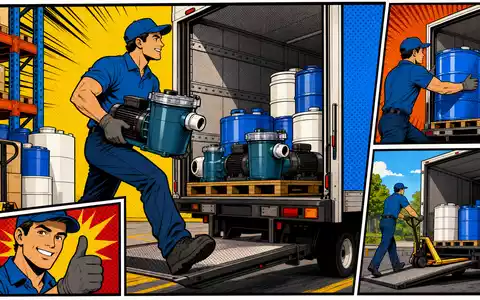 Pool Corporation US73278L1052 als farbenfrohe Pop-Art-Comic-Szene mit Lagerarbeiter beim Verladen von Pool-Pumpen und Chemikalienfässern - Foto: THN