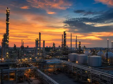 Phillips 66 (US7185461040) betreibt moderne Raffinerie-Anlagen mit Türmen und Tanks bei Sonnenuntergang heute - Foto: THN