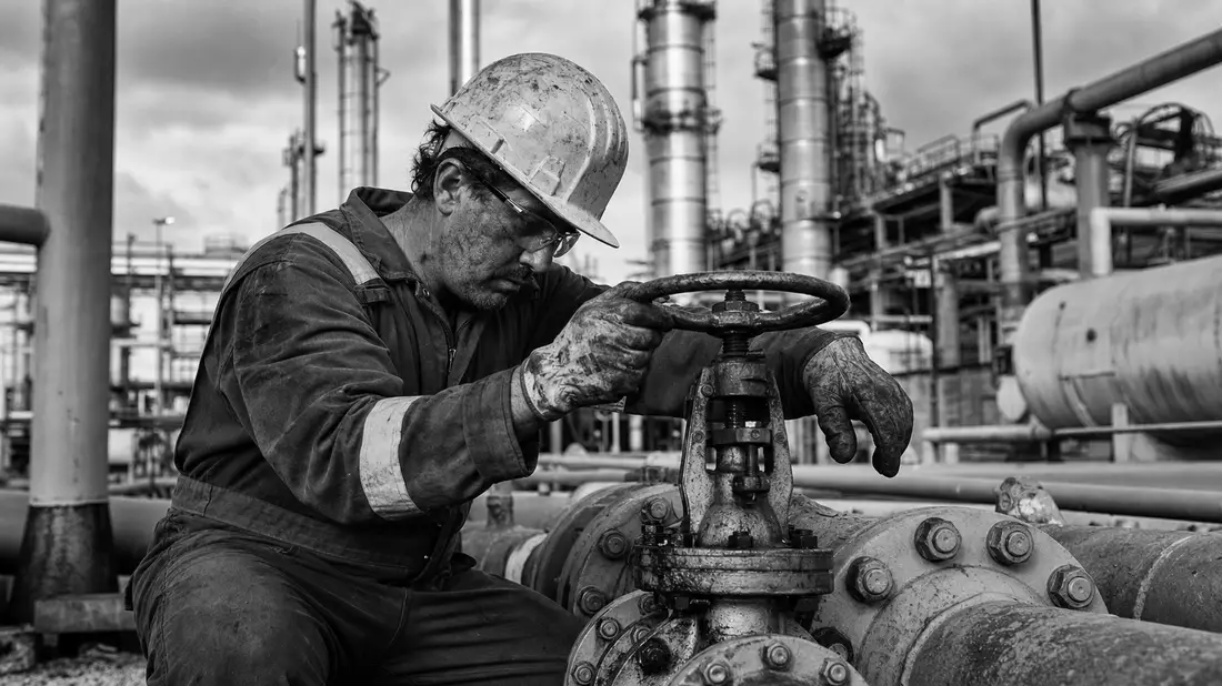 Schwarzweiß-Reportagefoto eines Arbeiters bei der Wartung eines Pipelineventils in der Raffinerie