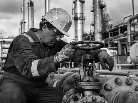 Phillips 66 (US7185461040) zeigt dokumentarisch einen Arbeiter, der an einem Rohrleitungsventil in der Raffinerie arbeitet - Foto: THN