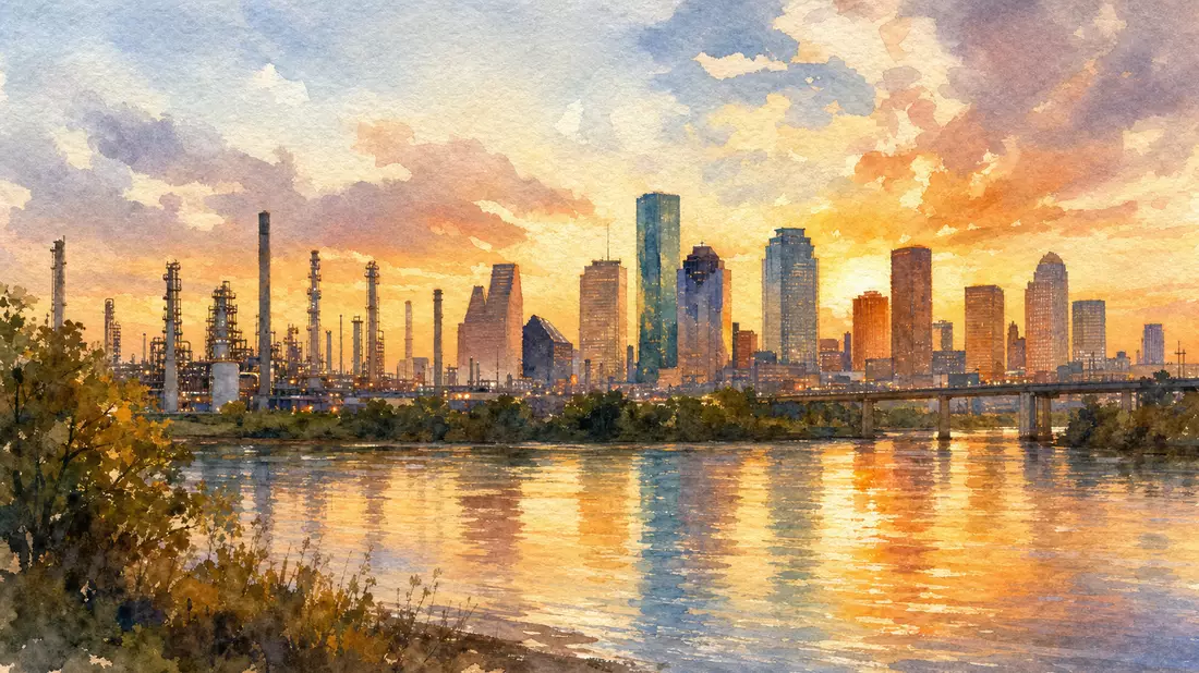 Aquarellmalerei der Houston-Skyline mit Raffinerietürmen und Fluss im goldenen Abendlicht