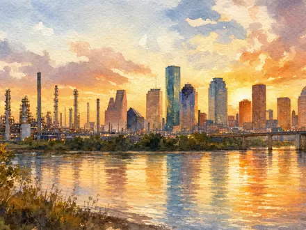 Phillips 66 (US7185461040) inspiriert dieses Aquarell der Houston-Skyline mit Raffinerietürmen am Fluss bei Sonnenuntergang - Foto: THN