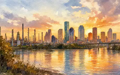 Phillips 66 (US7185461040) inspiriert dieses Aquarell der Houston-Skyline mit Raffinerietürmen am Fluss bei Sonnenuntergang - Foto: THN