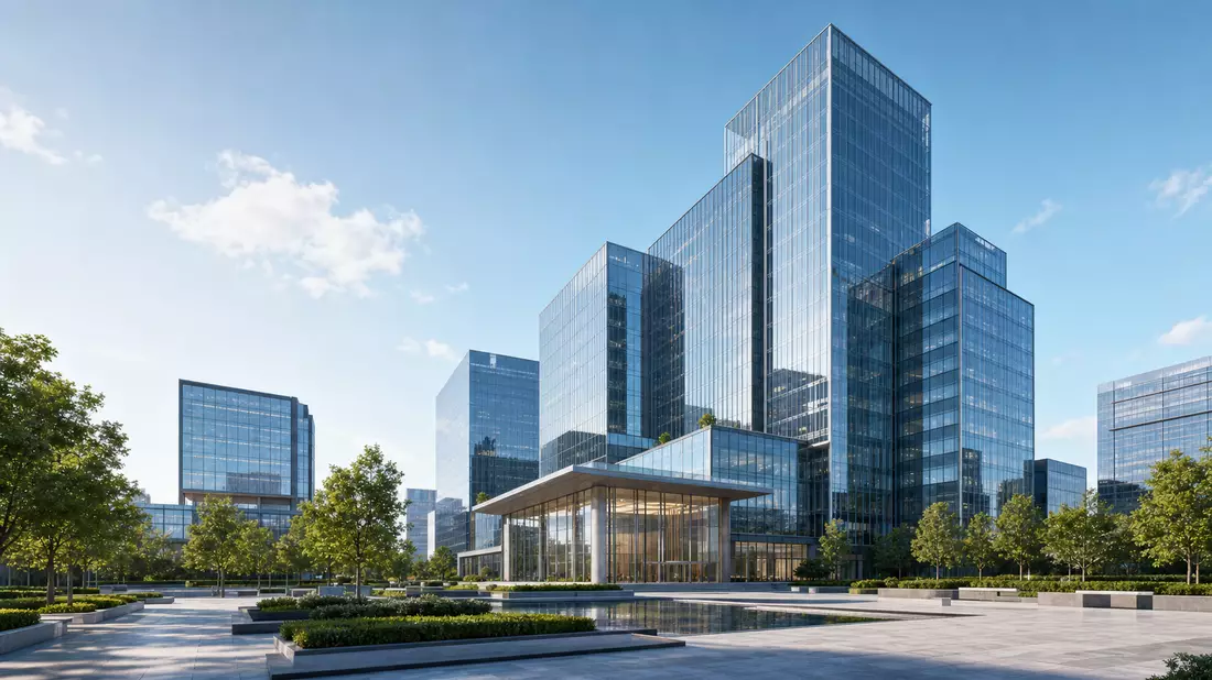 Architektur-Render eines modernen gläsernen Firmensitzes mit Plaza und minimalistischem Design