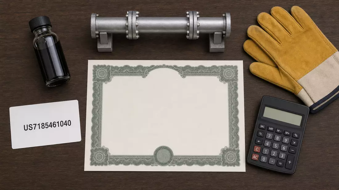 Flatlay mit Aktienzertifikat, ISIN-Karte US7185461040, Rohölprobe und Pipeline-Modellsegment