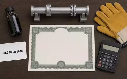 Phillips 66 (US7185461040) illustriert dieses Flatlay mit Aktienzertifikat, ISIN-Karte, Rohölprobe und Pipeline-Modell - Foto: THN