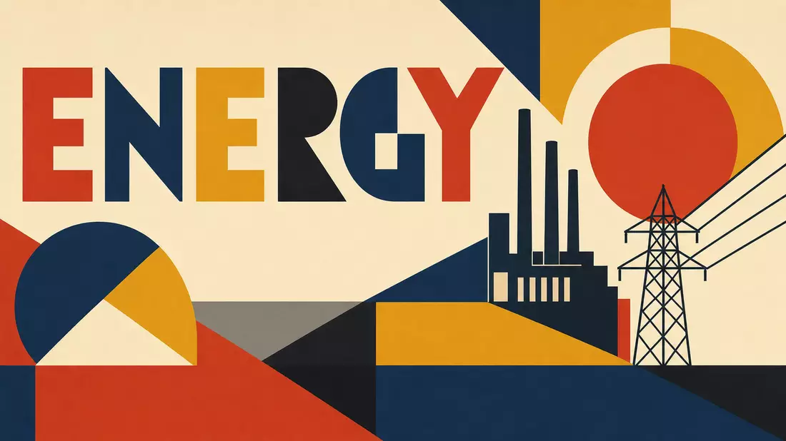 Geometrisches Bauhaus-Poster mit dem Schriftzug ENERGY und stilisierten Industriemotiven in Rot Blau Ocker