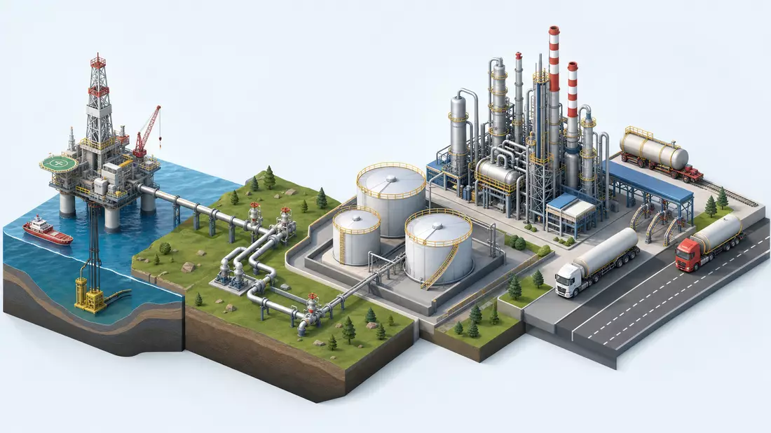 Isometrische 3D-Illustration der Öl- und Gas-Wertschöpfungskette von Förderung bis Distribution