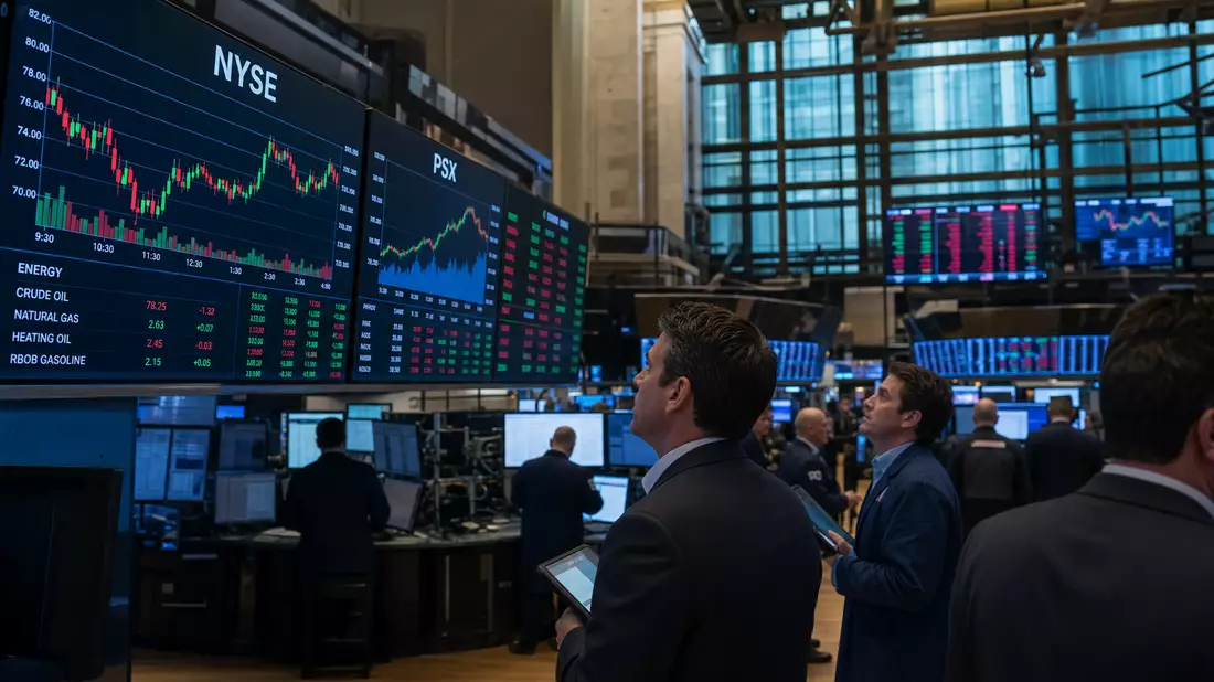 Börsen-Editorialfoto vom NYSE-Handelsparkett mit Energiesektor-Charts und dem Kürzel PSX