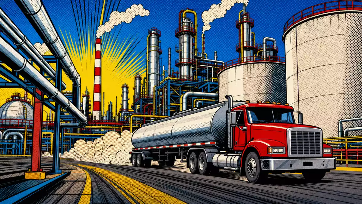 Farbenfrohe Pop-Art-Comic-Illustration einer Raffinerie-Szene mit Tanklaster und Rauchschwaden