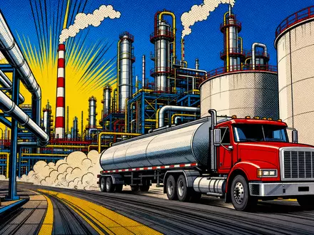 Phillips 66 (US7185461040) erscheint hier als farbenfrohe Pop-Art-Comic-Szene mit Raffinerie und Tanklaster - Foto: THN
