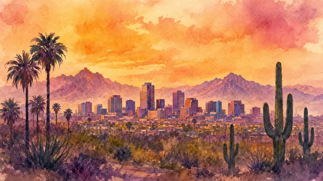 Pinnacle West Capital US7234841010 Phoenix Skyline Aquarell Sonnenuntergang Wüste