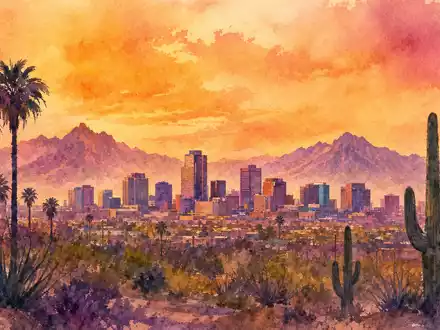 Pinnacle West Capital US7234841010 zeigt eine zarte Aquarellmalerei der Skyline von Phoenix bei Sonnenuntergang - Foto: THN