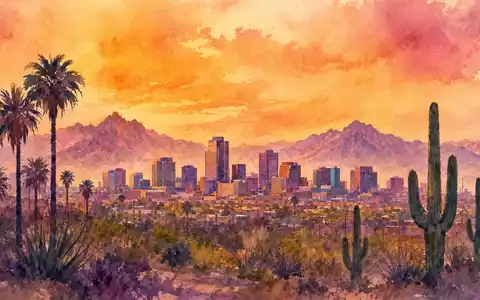 Pinnacle West Capital US7234841010 zeigt eine zarte Aquarellmalerei der Skyline von Phoenix bei Sonnenuntergang - Foto: THN