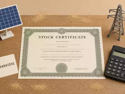 Pinnacle West Capital US7234841010 zeigt ein Flatlay mit Aktienzertifikat, ISIN-Karte und kleinem Solarmodell-Utensil - Foto: THN