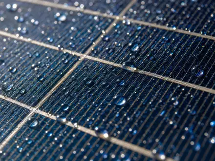 Pinnacle West Capital US7234841010 zeigt eine Makroaufnahme einer Photovoltaikzelle mit Wassertropfen und feinem Metallgitter - Foto: THN