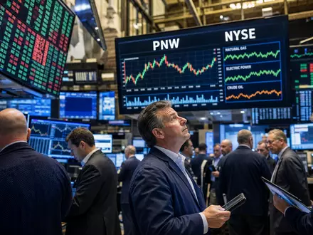Pinnacle West Capital US7234841010 zeigt ein Börsen-Editorial vom NYSE-Trading-Floor mit Energie-Charts und dem Kürzel PNW - Foto: THN