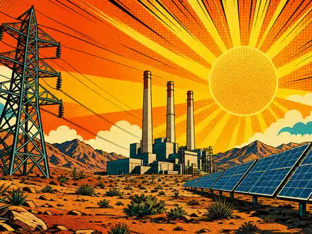 Pinnacle West Capital US7234841010 zeigt eine farbenfrohe Pop-Art-Comic-Szene mit Strommast und Solarpanelen in der Wüste - Foto: THN
