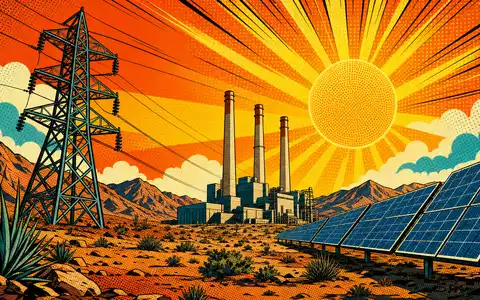 Pinnacle West Capital US7234841010 zeigt eine farbenfrohe Pop-Art-Comic-Szene mit Strommast und Solarpanelen in der Wüste - Foto: THN