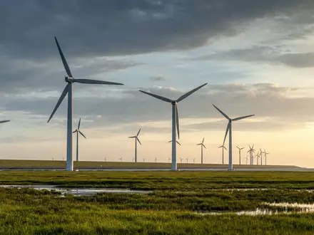 PNE AG (DE000A0JBPG2) Windpark an Norddeutschlands Küste zeigt Onshore-Windturbinen im warmen Abendlicht heute - Foto: THN