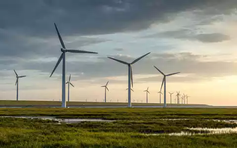 PNE AG (DE000A0JBPG2) Windpark an Norddeutschlands Küste zeigt Onshore-Windturbinen im warmen Abendlicht heute - Foto: THN