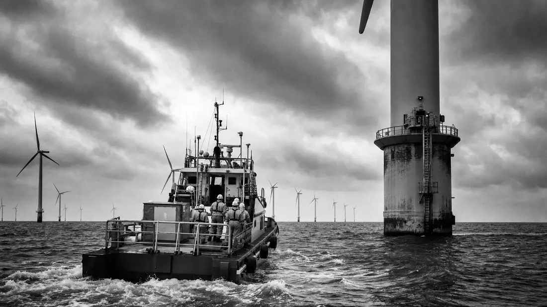 Schwarzweiß-Reportagefoto eines Offshore-Windparks mit Serviceboot und Arbeitern