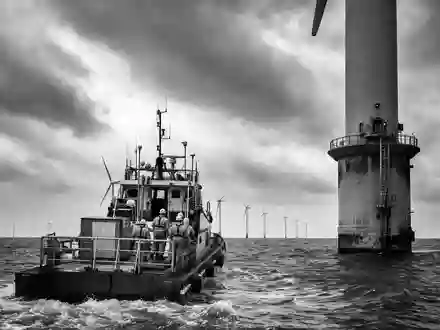 PNE AG (DE000A0JBPG2) dokumentiert Offshore-Windpark in SchwarzweiĂź mit Serviceschiff und Technikern bei Wartungsarbeiten - Foto: THN