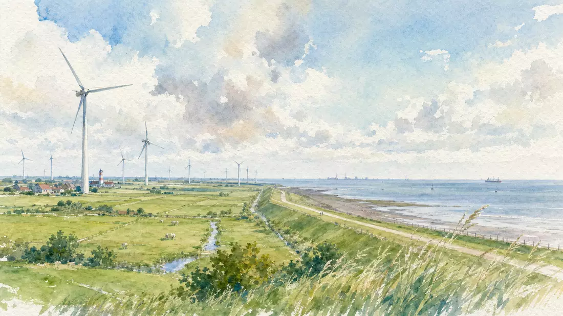 Aquarellmalerei der norddeutschen Küste mit Windturbinen, Deich und Meer im Hintergrund